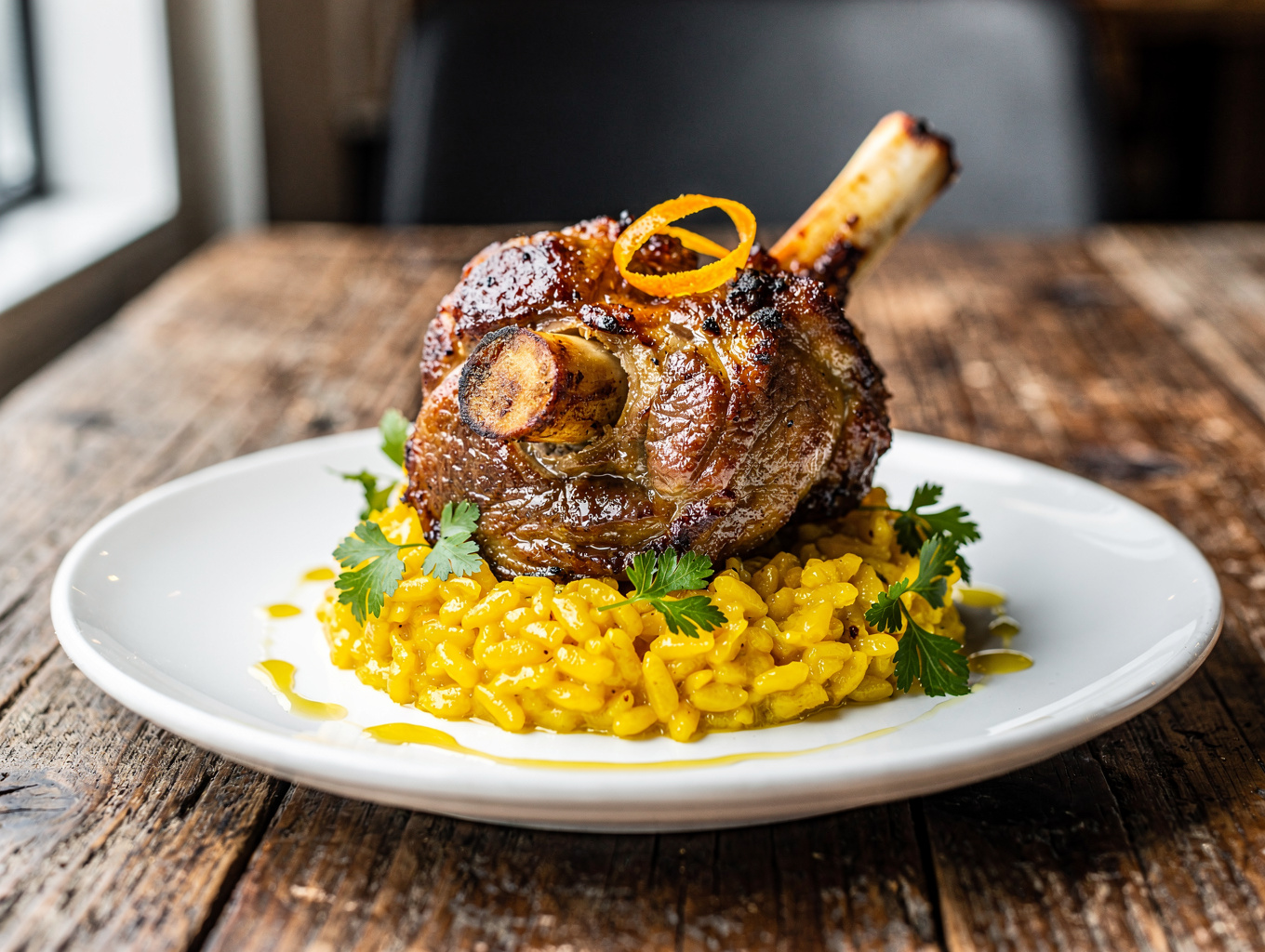 Slow-braised osso buco resting on golden saffron risotto with gremolata