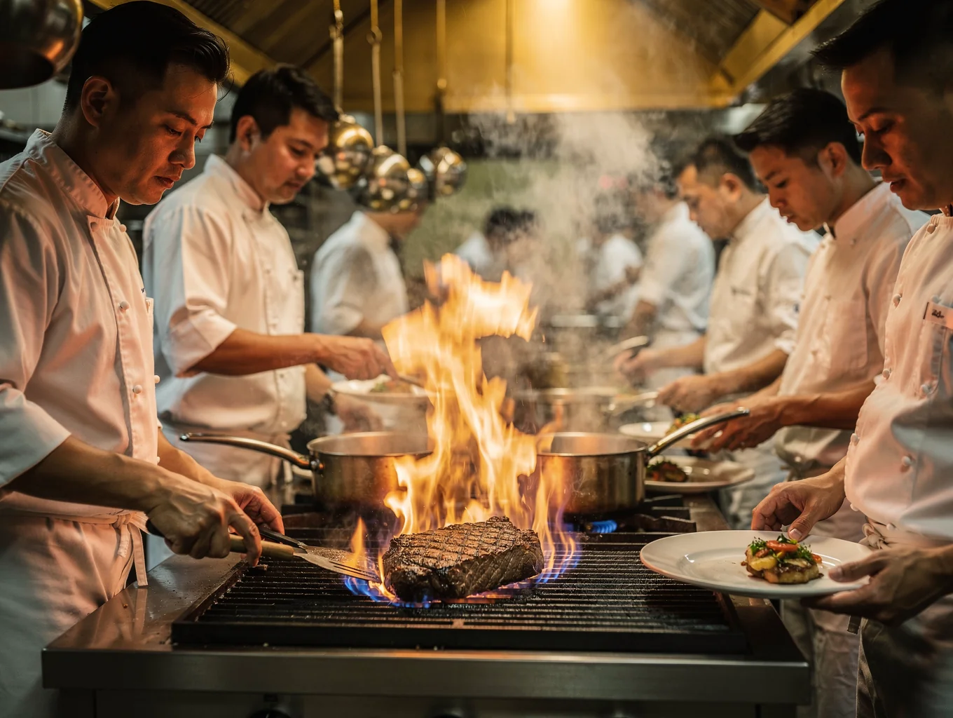 Chef counter overlooking the open kitchen and live fire