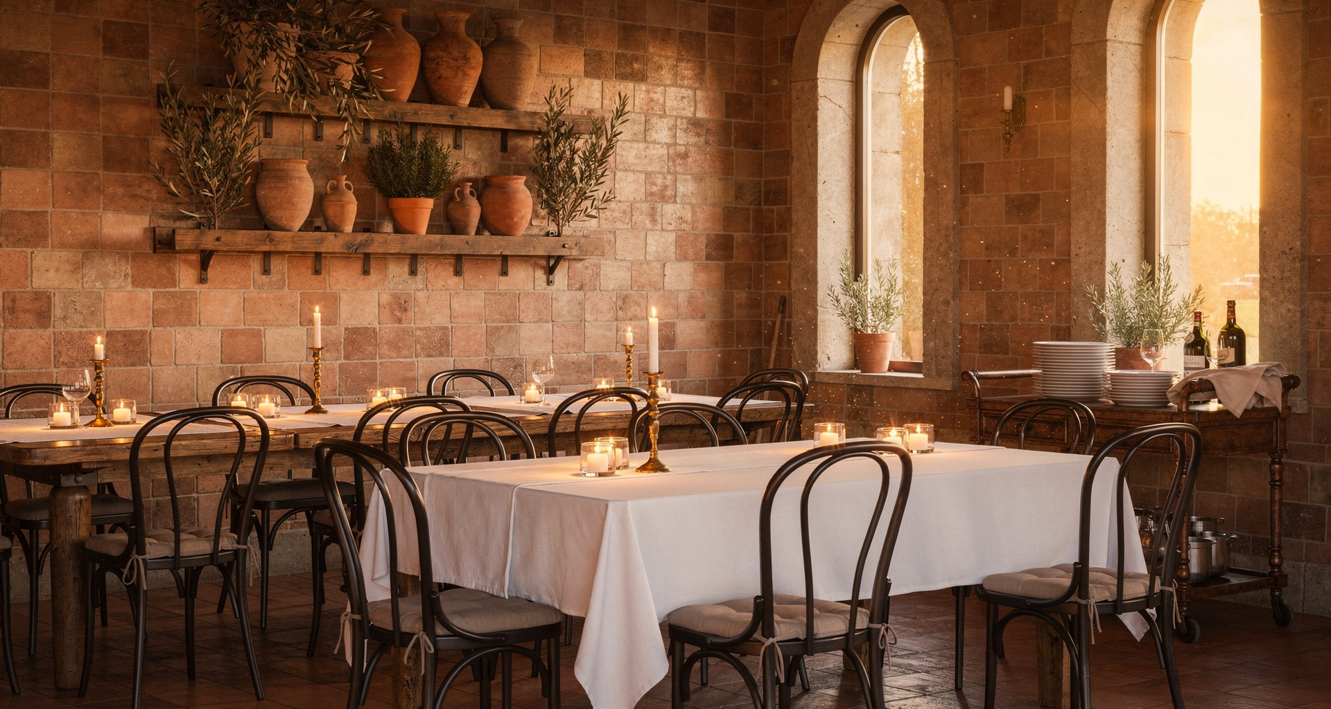 Modern Italian restaurant main dining room with linen surfaces