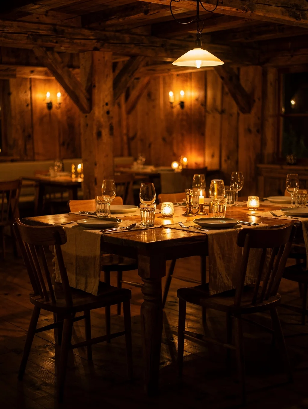 Private dining alcove with warm stone and soft lighting
