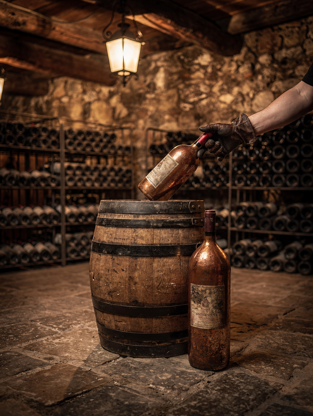 Traditional Italian wine cellar with aged bottles and stone walls