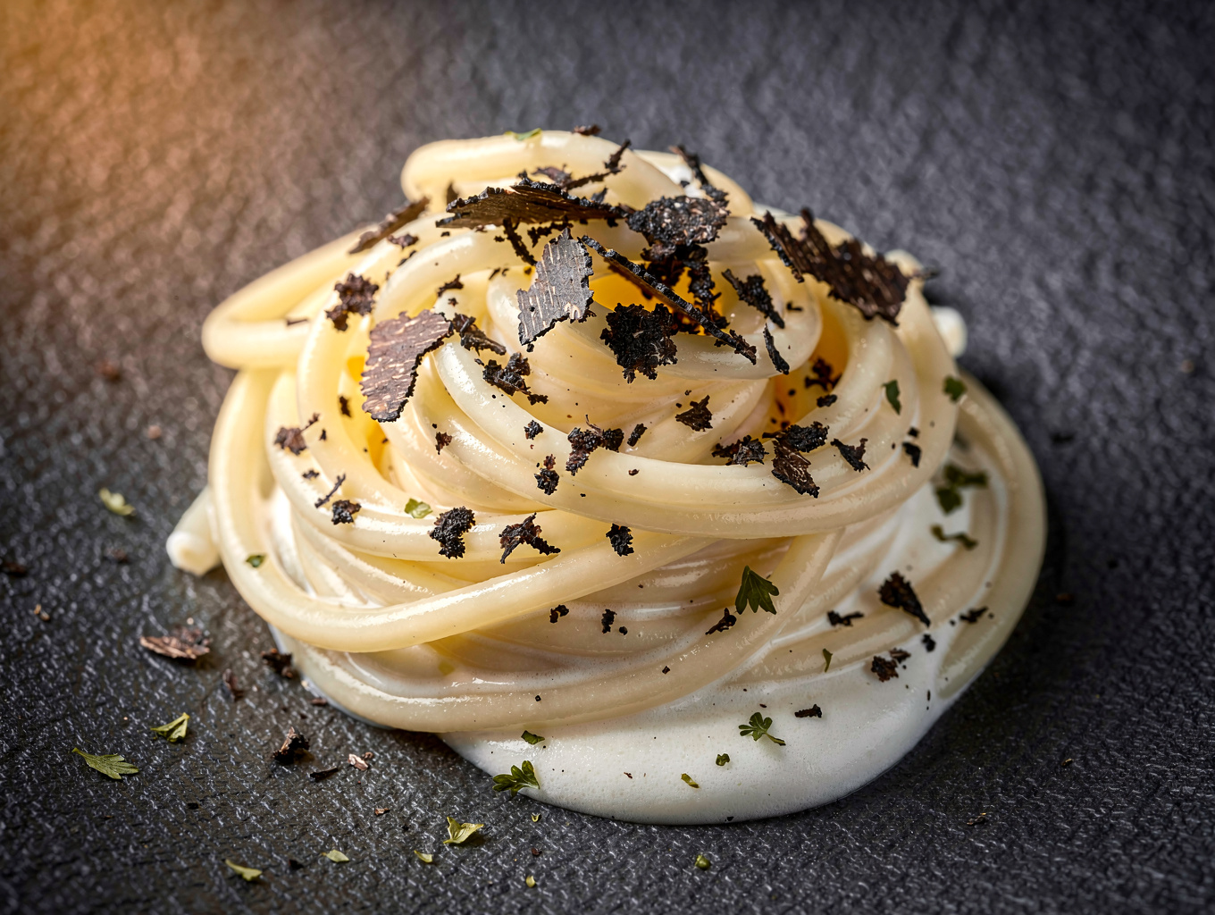 Fresh tagliolini pasta with black truffle shavings in an artisan ceramic bowl